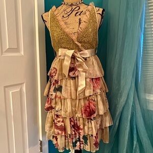 Romantic Tan Floral Ruffle Dress